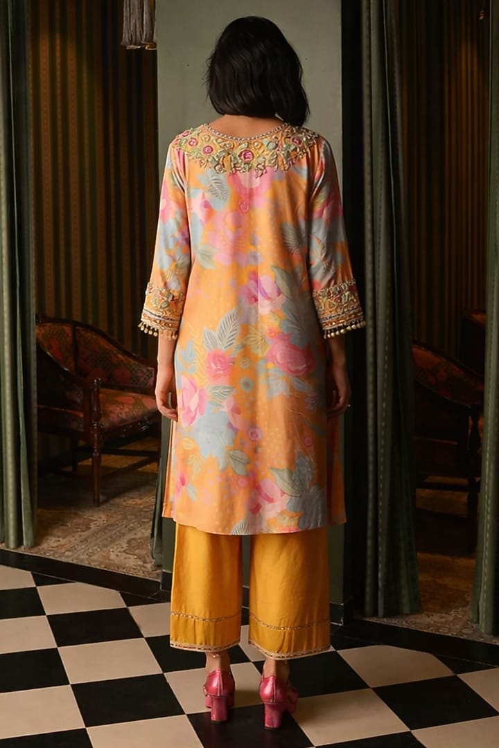 Marigold Yellow Crepe Embroidered Kurta Set by Rishi & Vibhuti at Pernia's Pop Up Shop