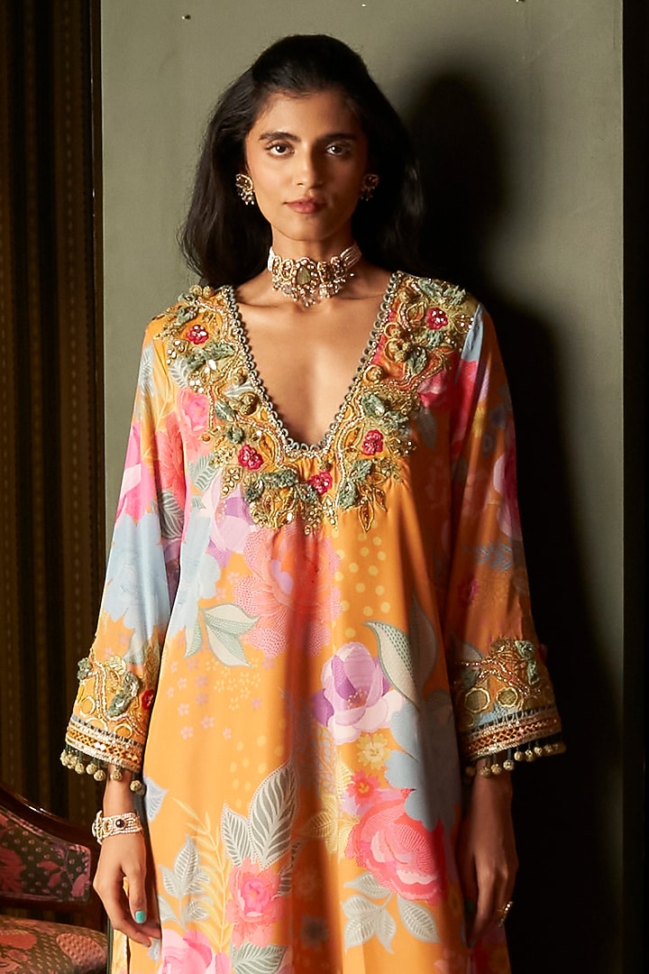 Marigold Yellow Crepe Embroidered Kurta Set by Rishi & Vibhuti at Pernia's Pop Up Shop