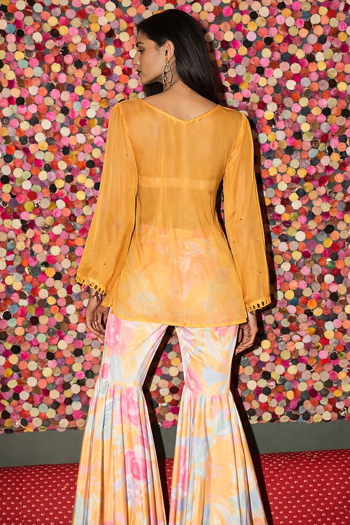 Marigold Yellow Organza Cluster Embroidered Jacket Set by Rishi & Vibhuti at Pernia's Pop Up Shop