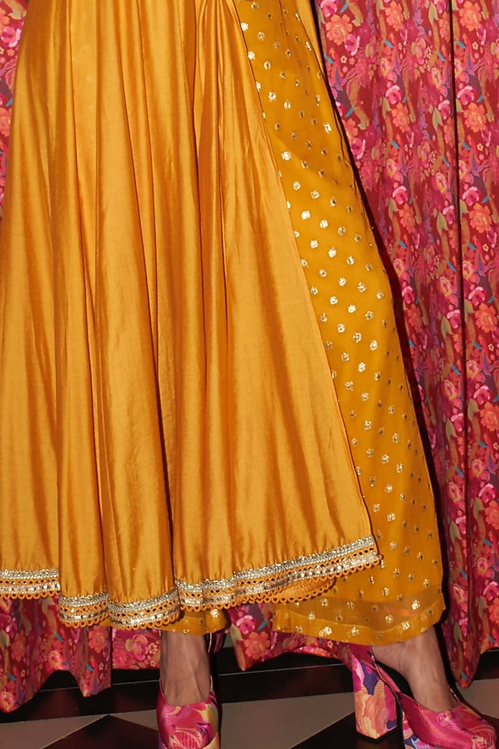 Marigold Yellow Organza Thread Embroidered Wedding Anarkali Set by Rishi & Vibhuti at Pernia's Pop Up Shop
