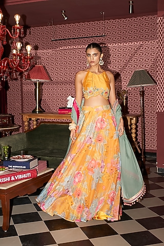 Marigold Yellow Crepe Floral Printed Lehenga Set by Rishi & Vibhuti
