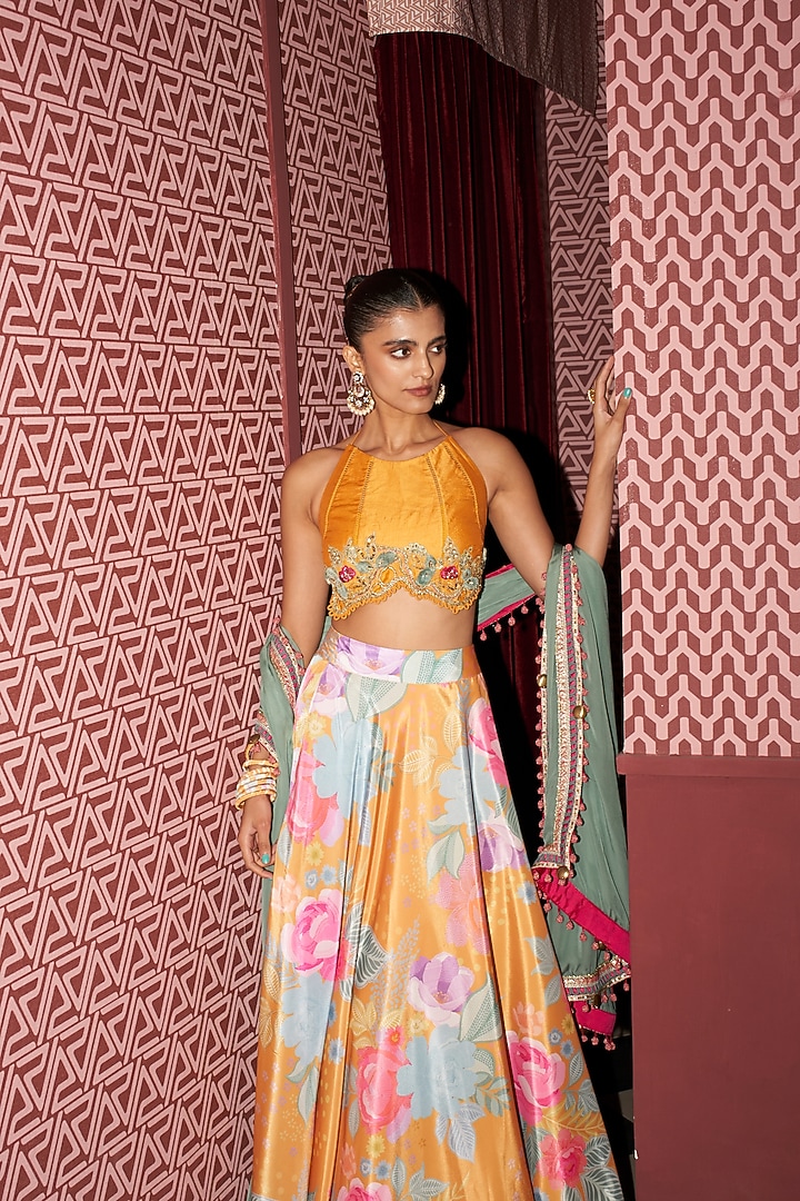 Marigold Yellow Crepe Floral Printed Wedding Lehenga Set by Rishi & Vibhuti at Pernia's Pop Up Shop