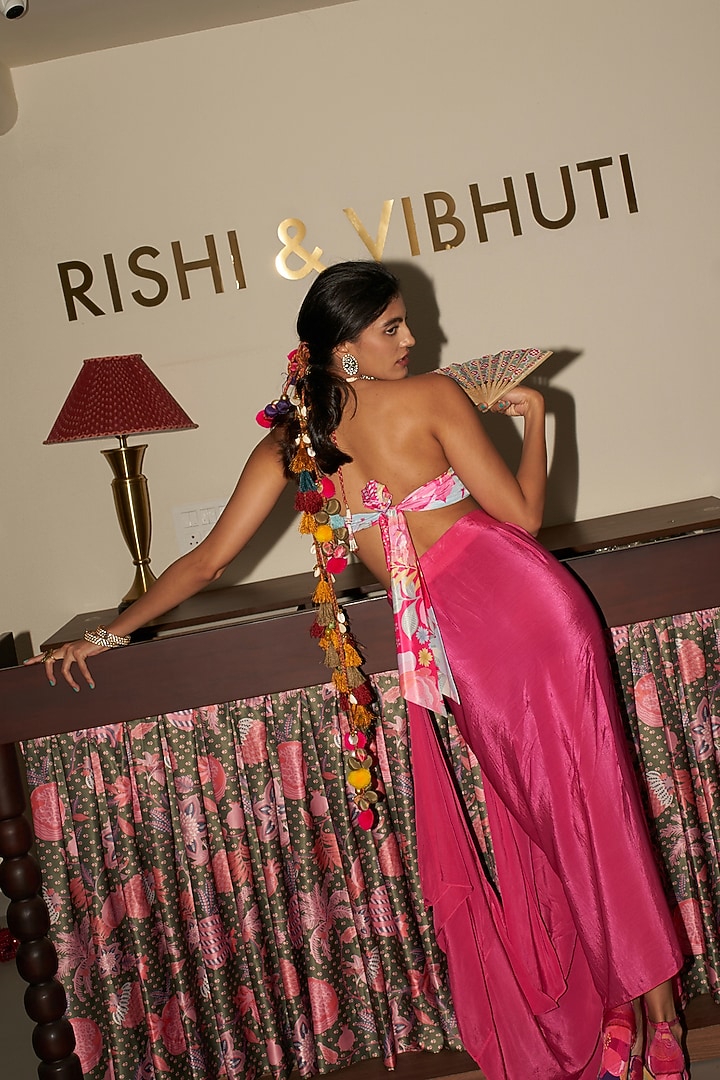 Fuchsia Pink Crepe Patchwork Scalloped Cape Set by Rishi & Vibhuti at Pernia's Pop Up Shop