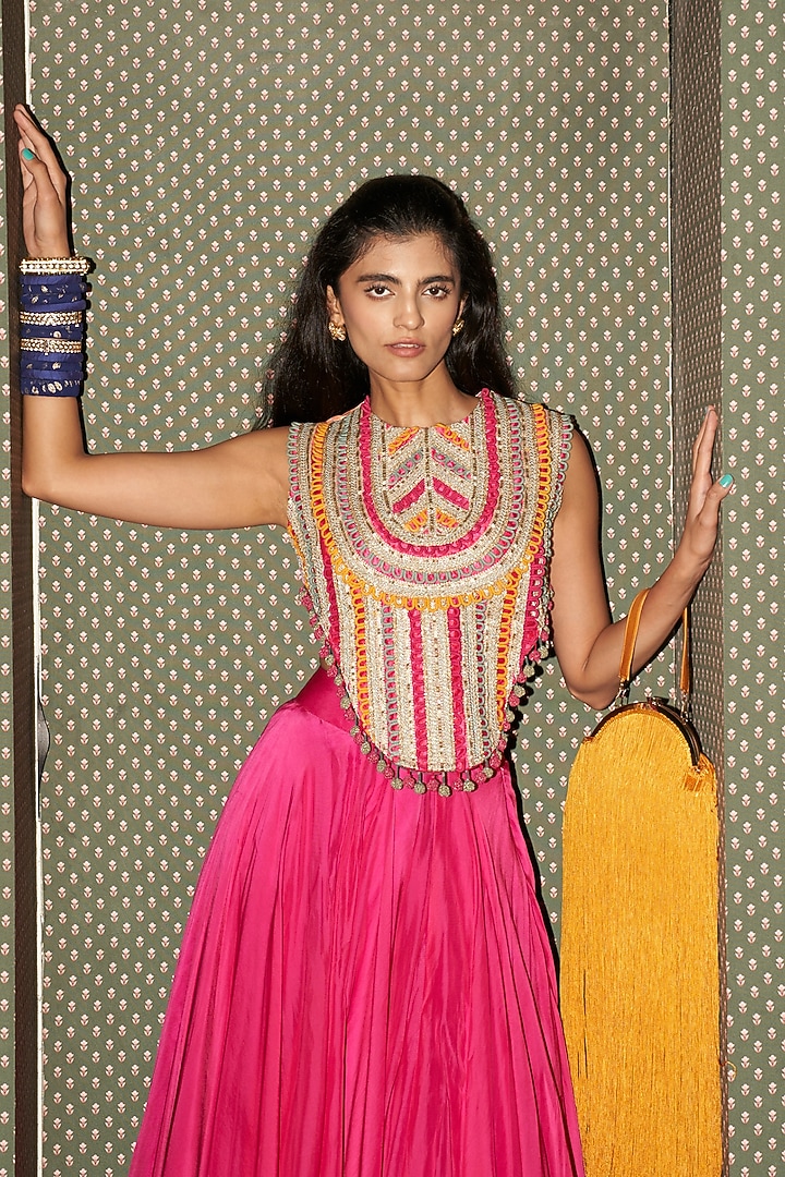 Fuchsia Pink Crepe Skirt Set by Rishi & Vibhuti at Pernia's Pop Up Shop