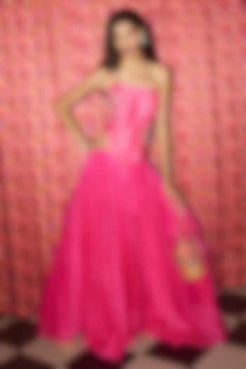 Fuchsia Pink Crepe Skirt Set by Rishi & Vibhuti at Pernia's Pop Up Shop