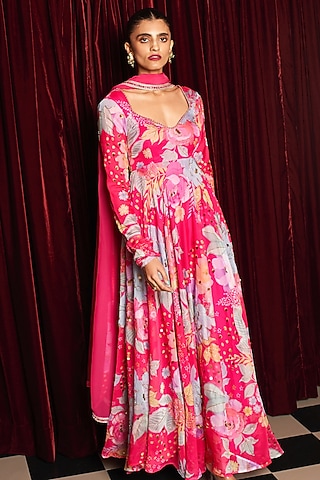 Fuchsia Pink Organza Printed Anarkali Set by Rishi & Vibhuti