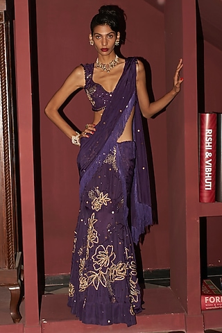 Purple Organza Hand Work Skirt Saree Set by Rishi & Vibhuti