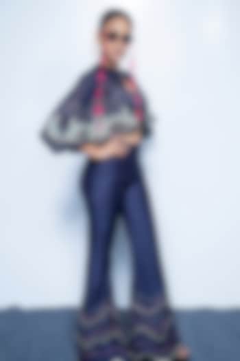 Imperial Blue Chanderi Thread Embroidered Cape Set by Rishi & Vibhuti at Pernia's Pop Up Shop