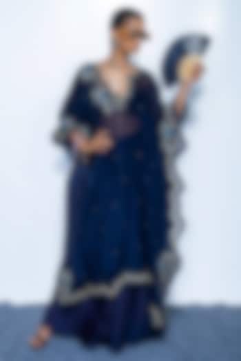 Imperial Blue Chanderi Embroidered Kaftan Set by Rishi & Vibhuti at Pernia's Pop Up Shop