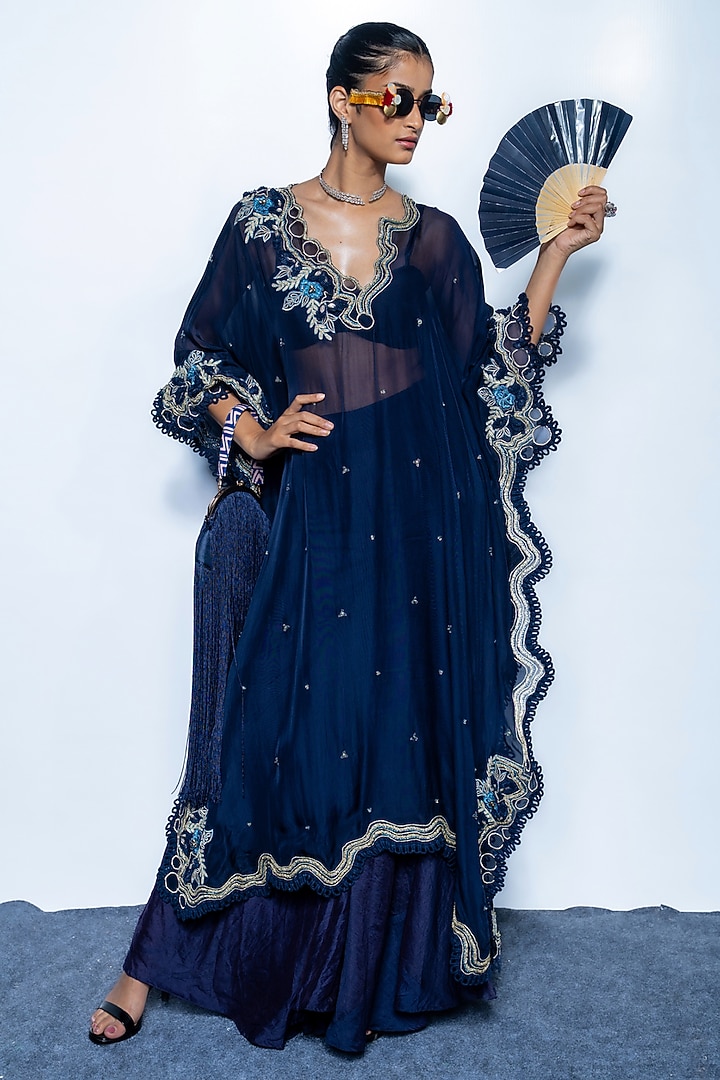 Imperial Blue Chanderi Embroidered Kaftan Set by Rishi & Vibhuti at Pernia's Pop Up Shop