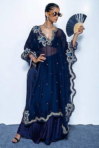Imperial Blue Chanderi Embroidered Kaftan Set by Rishi & Vibhuti