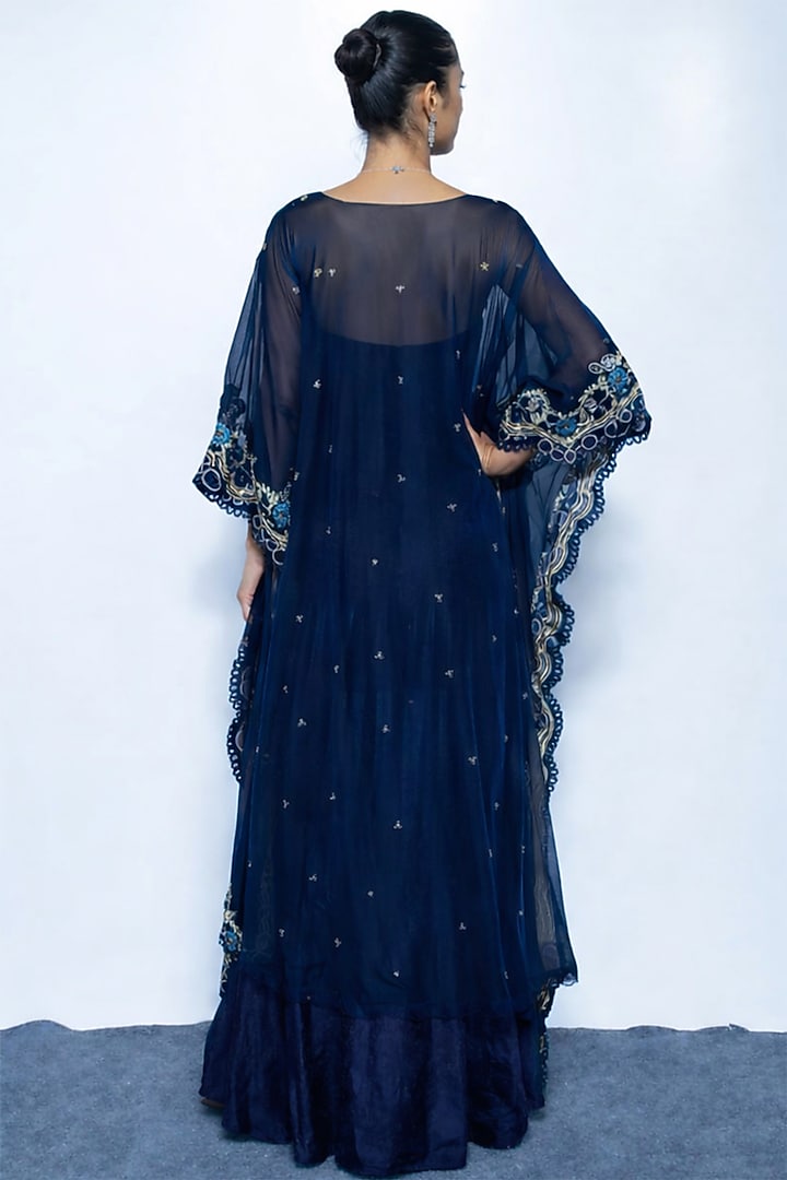 Imperial Blue Chanderi Embroidered Kaftan Set by Rishi & Vibhuti at Pernia's Pop Up Shop