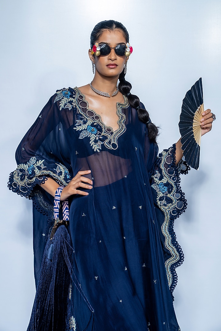 Imperial Blue Chanderi Embroidered Kaftan Set by Rishi & Vibhuti at Pernia's Pop Up Shop