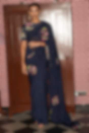 Persian Blue Organza Hand Work Wedding Saree Set by Rishi & Vibhuti at Pernia's Pop Up Shop