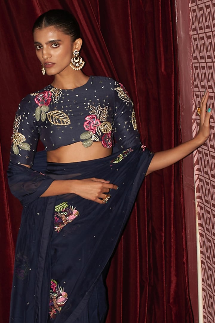 Persian Blue Organza Hand Work Wedding Saree Set by Rishi & Vibhuti at Pernia's Pop Up Shop