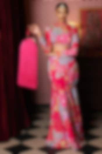 Fuchsia Pink Organza Printed Skirt Set by Rishi & Vibhuti at Pernia's Pop Up Shop
