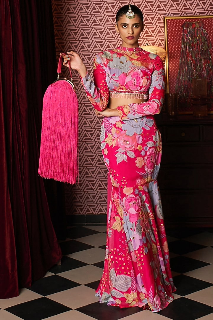 Fuchsia Pink Organza Printed Skirt Set by Rishi & Vibhuti at Pernia's Pop Up Shop