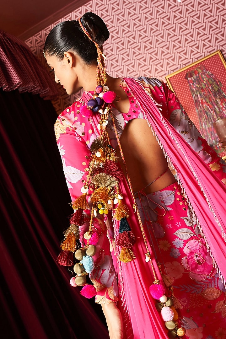 Fuchsia Pink Organza Printed Skirt Set by Rishi & Vibhuti at Pernia's Pop Up Shop