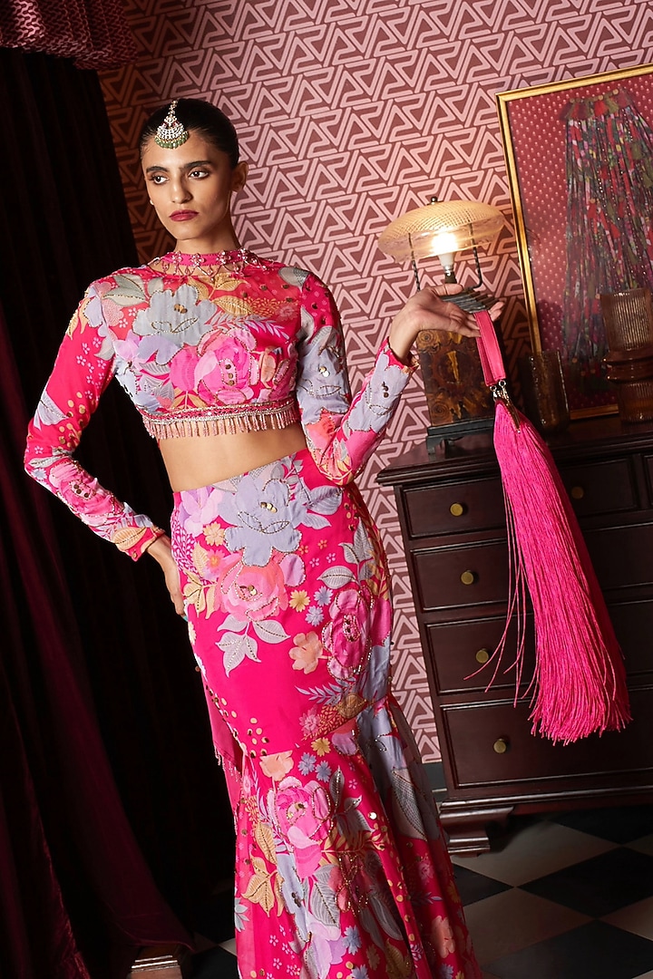 Fuchsia Pink Organza Printed Skirt Set by Rishi & Vibhuti at Pernia's Pop Up Shop