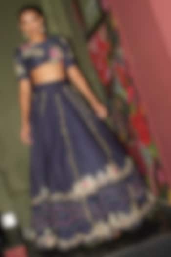 Imperial Blue Chanderi Floral Thread Work Skirt Set by Rishi & Vibhuti at Pernia's Pop Up Shop