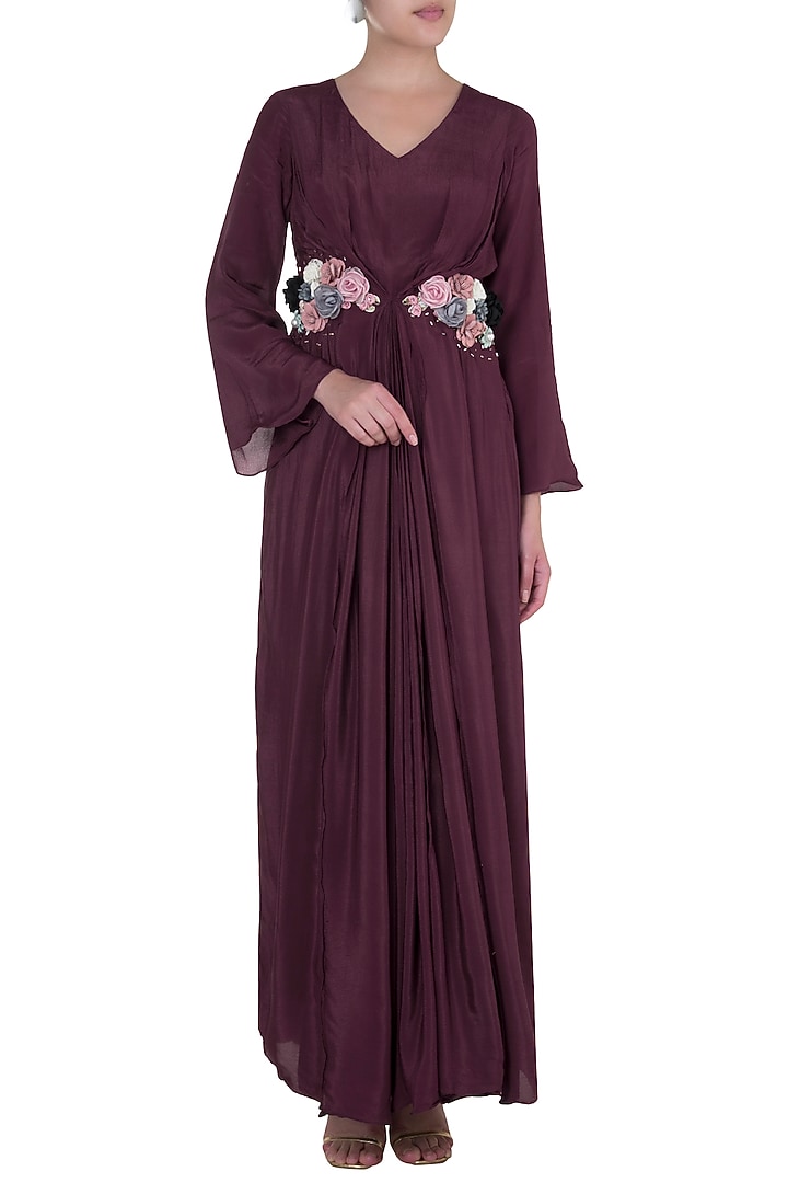 Wine Sangria Embroidered Pleated Maxi Vacation Dress by Rishi & Vibhuti at Pernia's Pop Up Shop