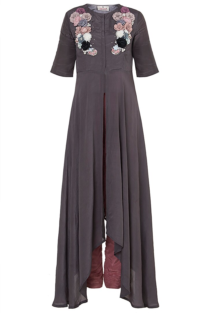 Mouse Grey Embroidered High-Low Tunic With Pants by Rishi & Vibhuti at Pernia's Pop Up Shop