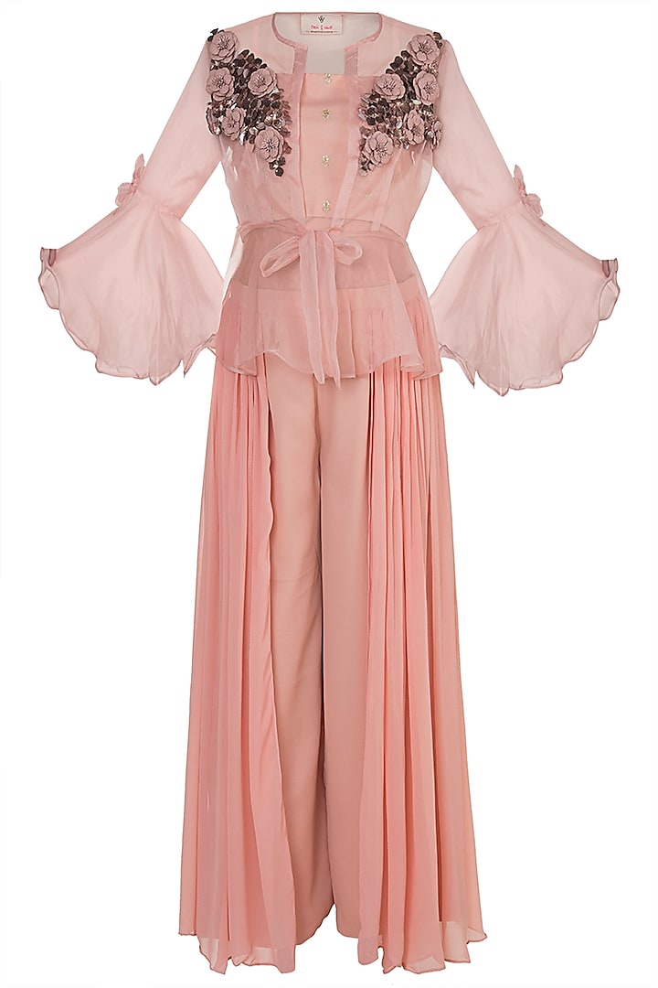 Peach Embroidered Sheer Jacket With Crop Top & Palazzo Pants by Rishi & Vibhuti
