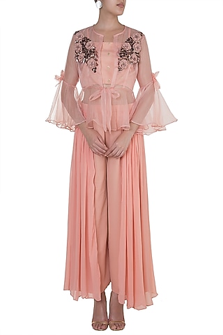 Peach Embroidered Sheer Jacket With Crop Top & Palazzo Pants by Rishi & Vibhuti