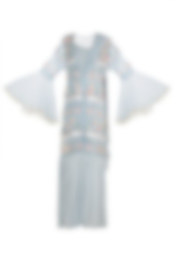 Baby Blue Draped Bodysuit With Embroidered Sheer Kimono Jacket by Rishi & Vibhuti