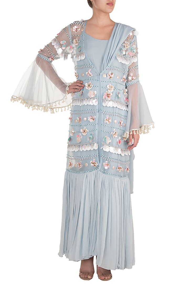 Baby Blue Draped Bodysuit With Embroidered Sheer Kimono Jacket by Rishi & Vibhuti at Pernia's Pop Up Shop