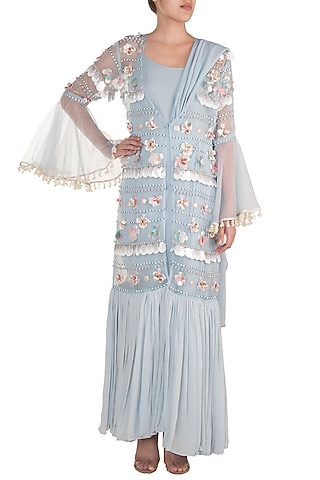 Baby Blue Draped Bodysuit With Embroidered Sheer Kimono Jacket by Rishi & Vibhuti