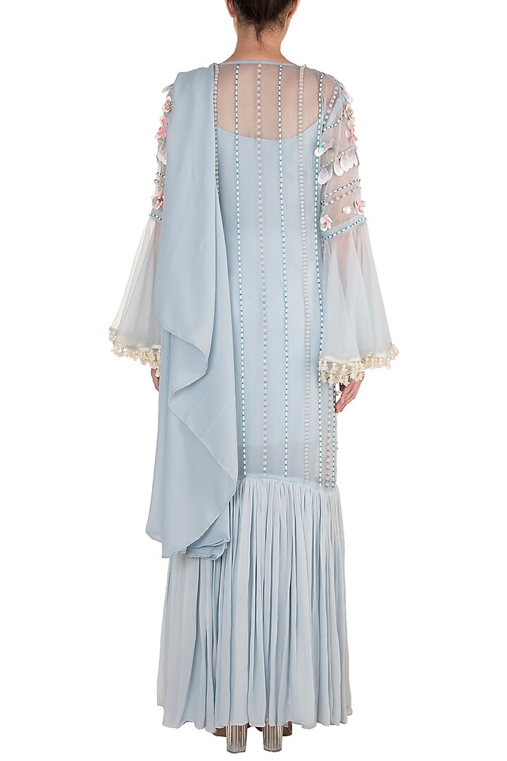 Baby Blue Draped Bodysuit With Embroidered Sheer Kimono Jacket by Rishi & Vibhuti at Pernia's Pop Up Shop