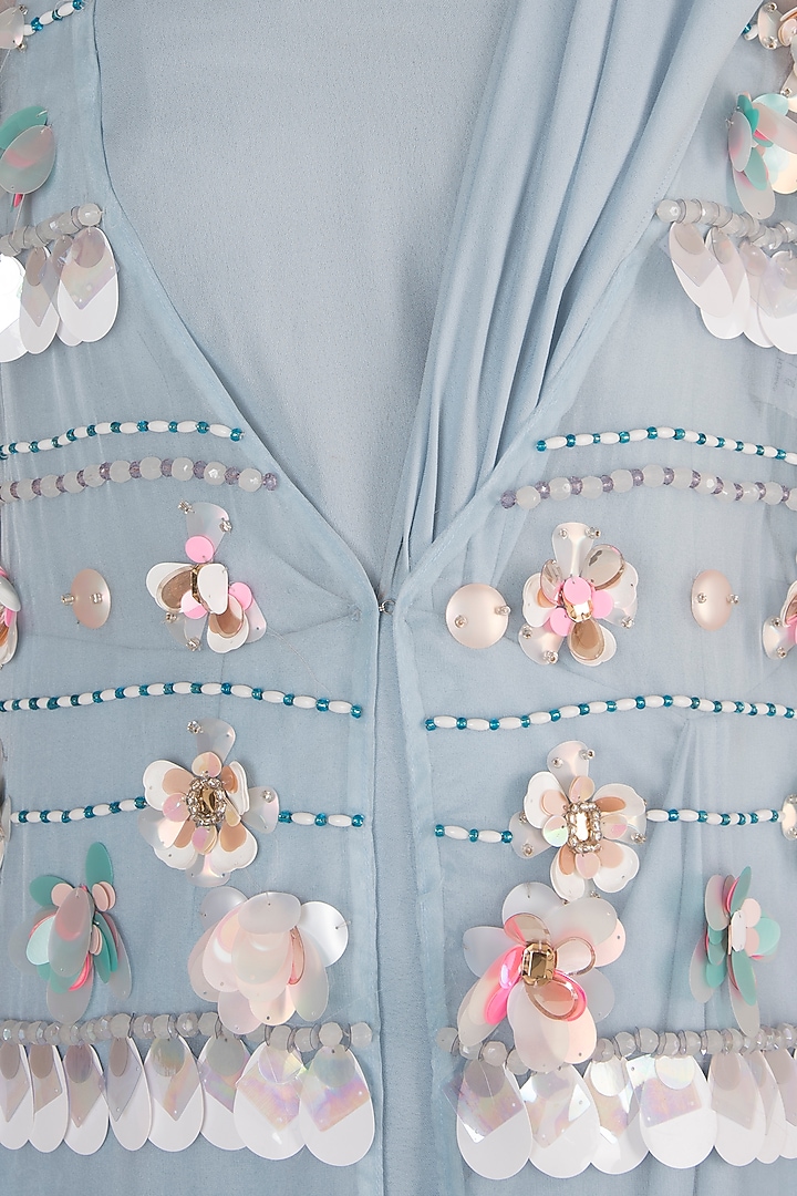 Baby Blue Draped Bodysuit With Embroidered Sheer Kimono Jacket by Rishi & Vibhuti at Pernia's Pop Up Shop