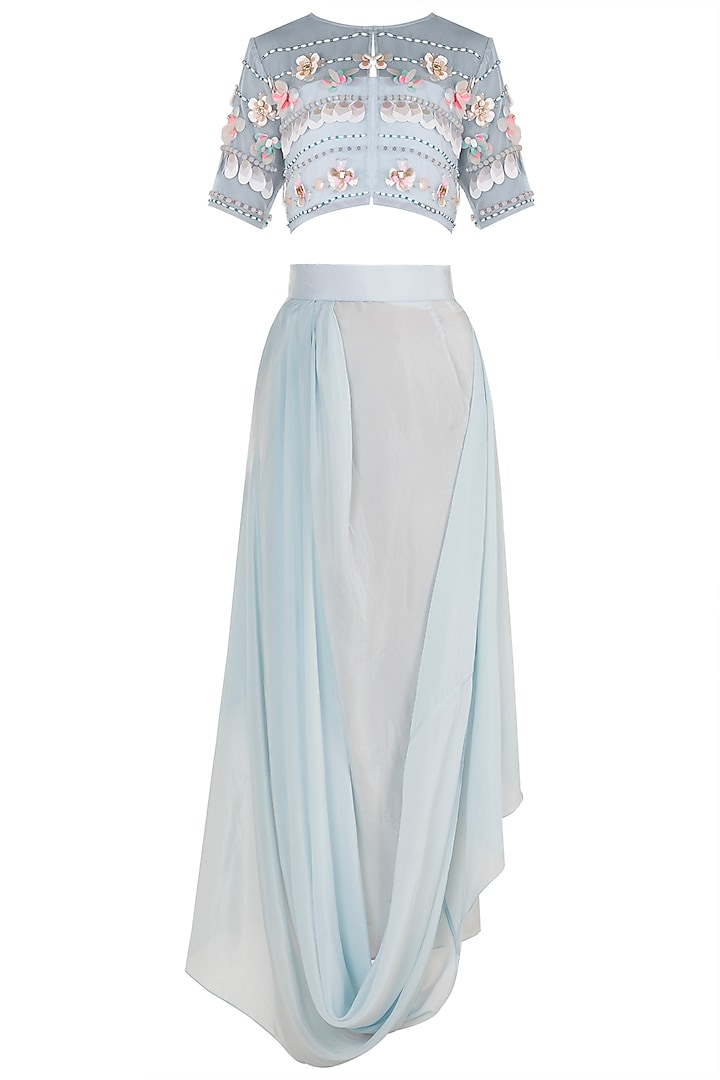 Baby Blue Embroidered Sheer Crop Top With Tube Top & Draped Skirt by Rishi & Vibhuti