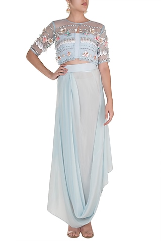 Baby Blue Embroidered Sheer Crop Top With Tube Top & Draped Skirt by Rishi & Vibhuti