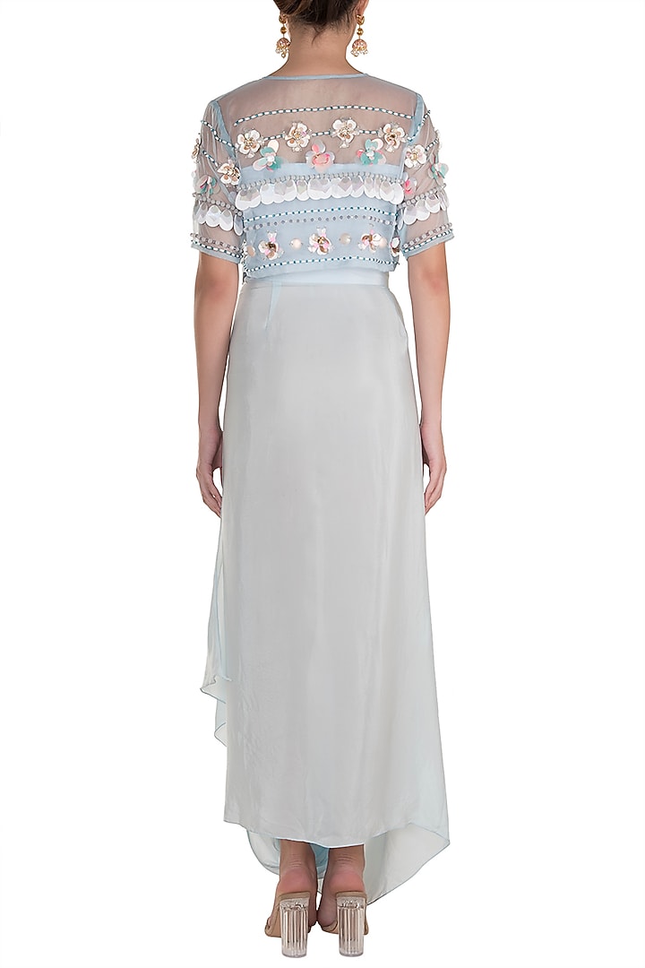 Baby Blue Embroidered Sheer Crop Top With Tube Top & Draped Skirt by Rishi & Vibhuti at Pernia's Pop Up Shop