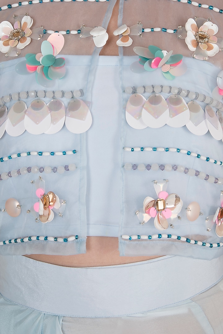 Baby Blue Embroidered Sheer Crop Top With Tube Top & Draped Skirt by Rishi & Vibhuti at Pernia's Pop Up Shop