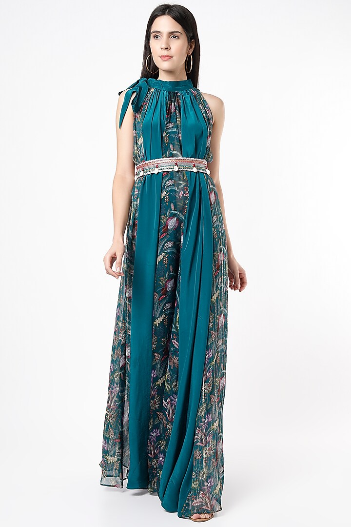 Teal Blue Crepe Printed Maxi Dress by Rishi & Vibhuti