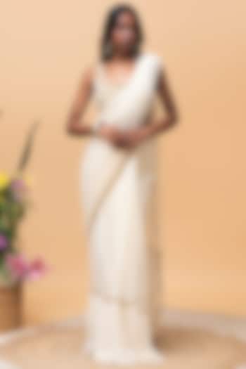 Ivory Cotton Mesh & Organza Ruffled Wedding Saree by Rishi & Vibhuti at Pernia's Pop Up Shop