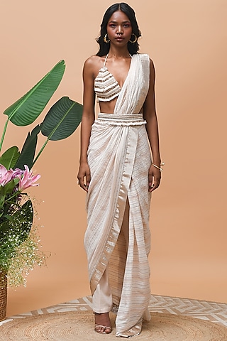 Ivory Cotton Pre-Draped Pleated Saree Set by Rishi & Vibhuti