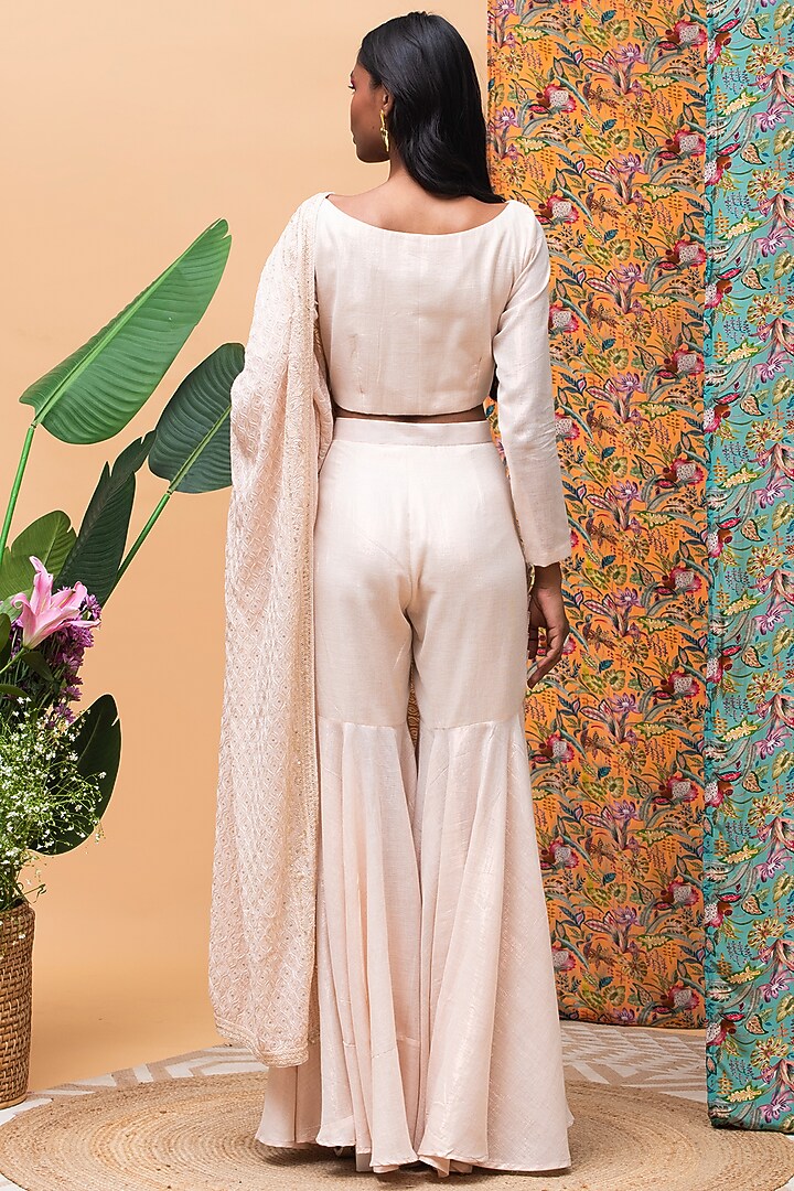 Rose Gold Linen Lucknowi Draped Pant Party Wear Saree Set by Rishi & Vibhuti at Pernia's Pop Up Shop