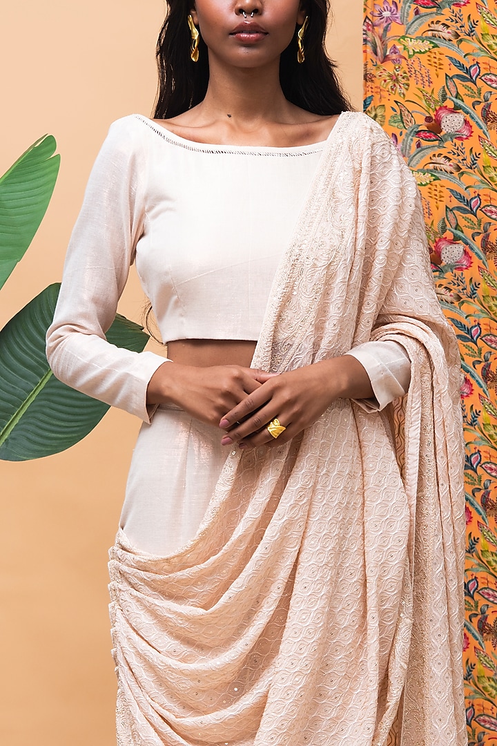 Rose Gold Linen Lucknowi Draped Pant Party Wear Saree Set by Rishi & Vibhuti at Pernia's Pop Up Shop