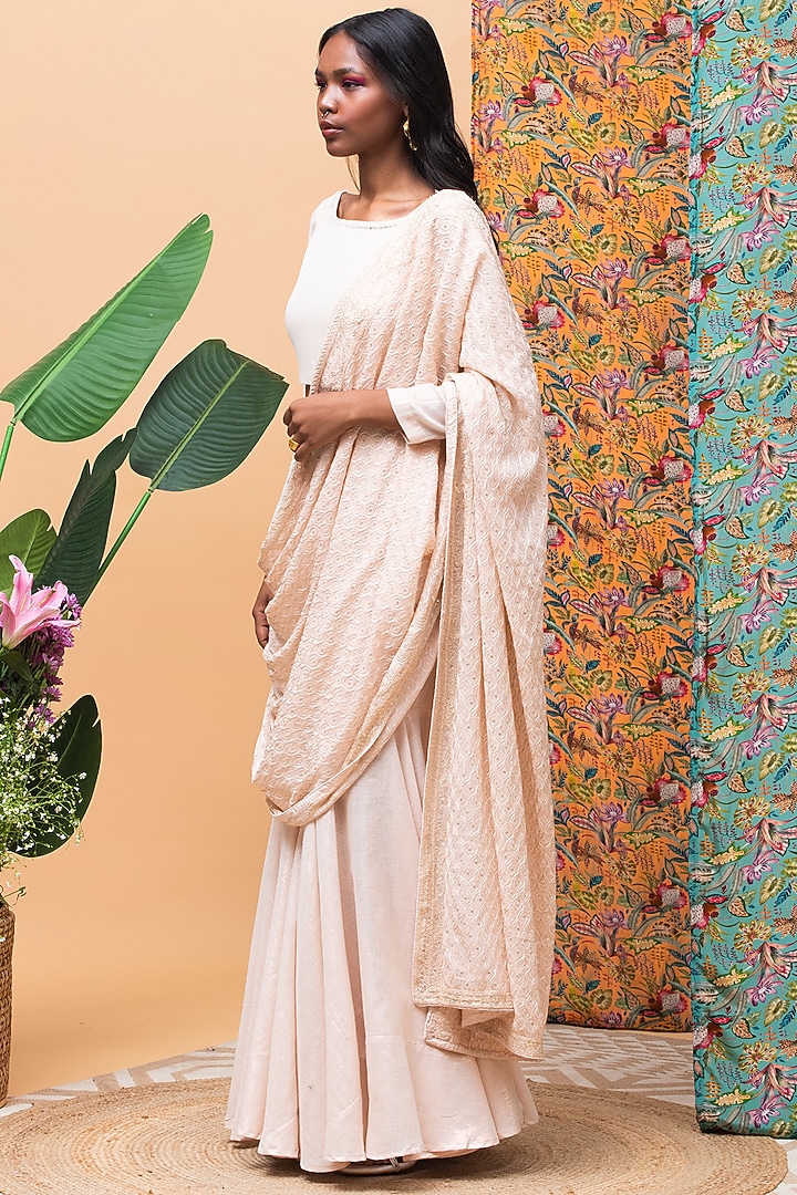 Rose Gold Linen Lucknowi Draped Pant Party Wear Saree Set by Rishi & Vibhuti at Pernia's Pop Up Shop