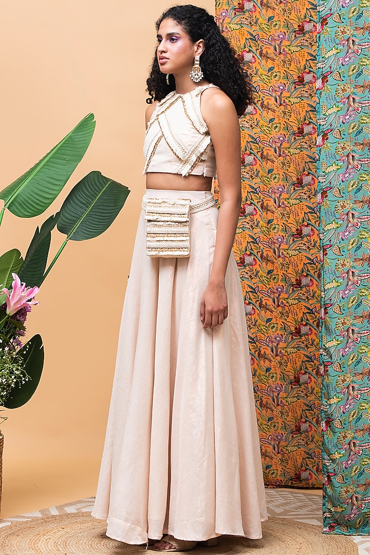 Rose Gold Linen Skirt Set by Rishi & Vibhuti