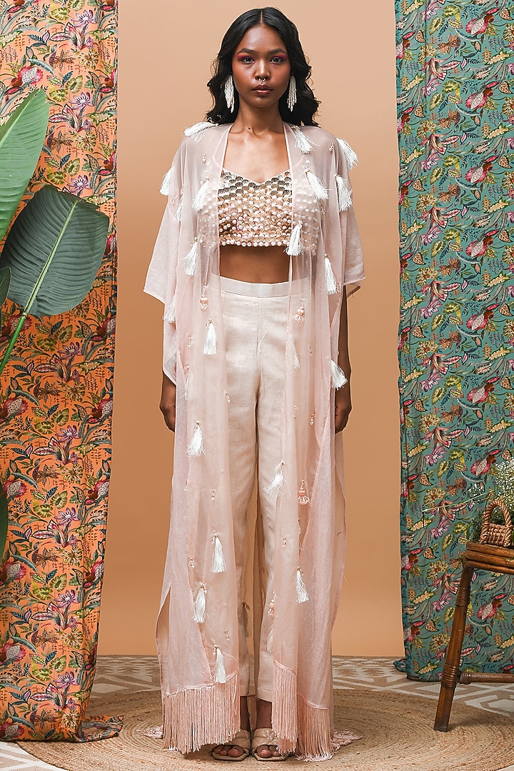 Rose Gold Linen & Organza Embellished Cape Set Design by Rishi