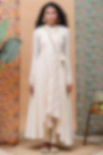 Ivory & Rose Gold Linen Embellished Party Wear Anarkali Set by Rishi & Vibhuti at Pernia's Pop Up Shop