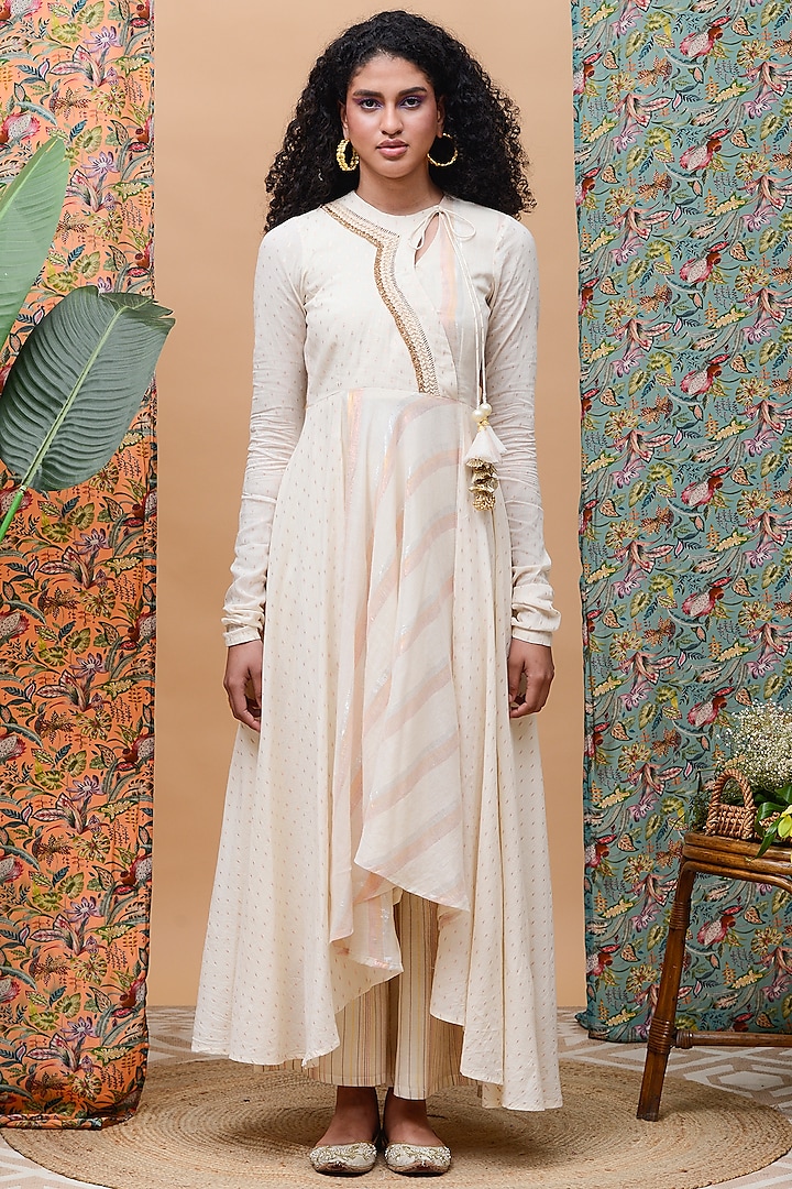 Ivory & Rose Gold Linen Embellished Anarkali Set Design by Rishi