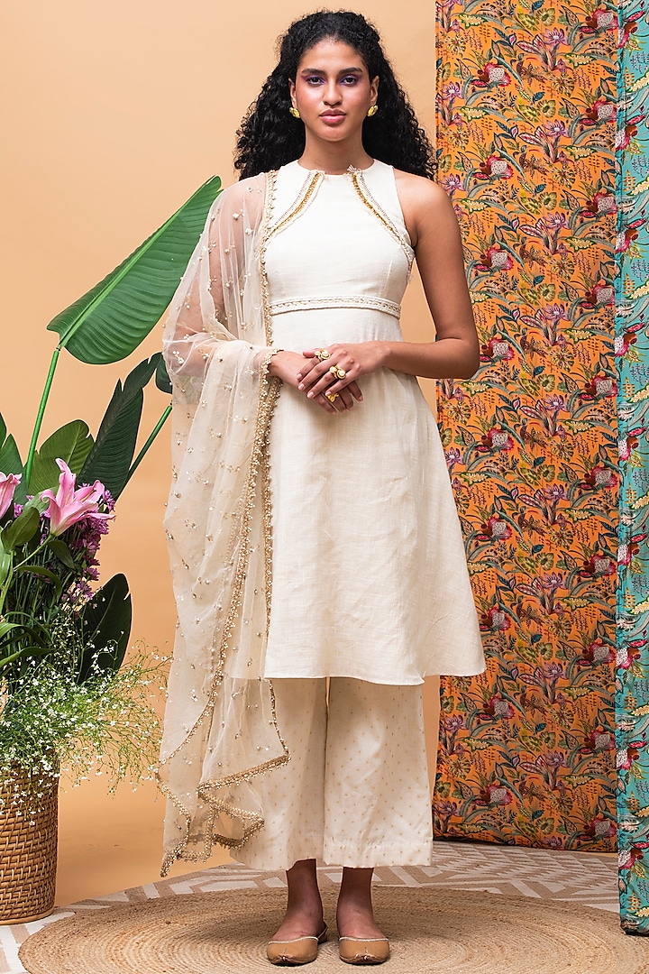 Ivory Linen Party Wear Anarkali Set by Rishi & Vibhuti at Pernia's Pop Up Shop