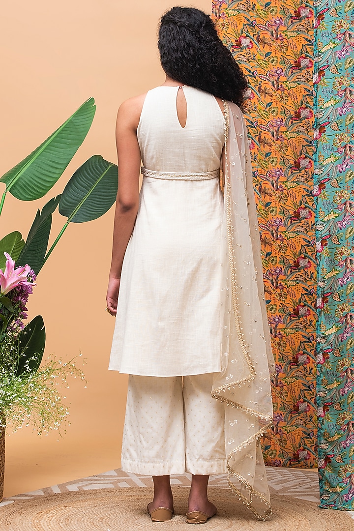 Ivory Linen Party Wear Anarkali Set by Rishi & Vibhuti at Pernia's Pop Up Shop