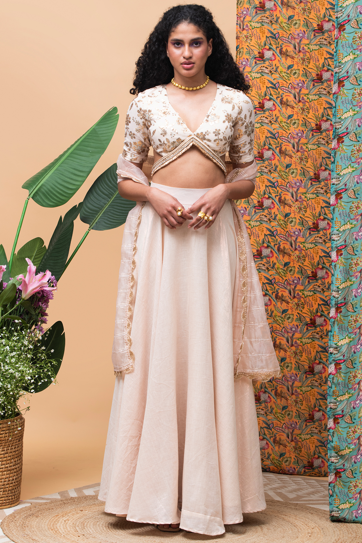 Rose Gold Moss Linen Lehenga Set by Rishi & Vibhuti